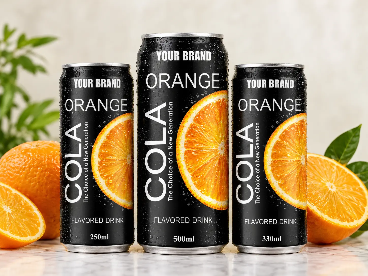 COLA DRINK Orange flavour in 250ml, 500ml, and 330ml cans.